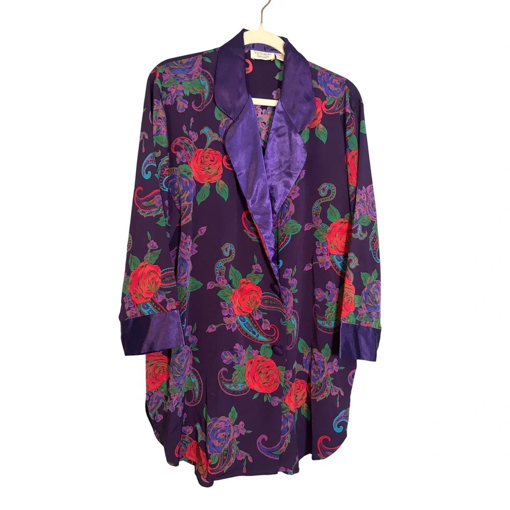 Vintage Victorias Secret Gold Label Purple Floral Rose Paisley Sleep Shirt Small